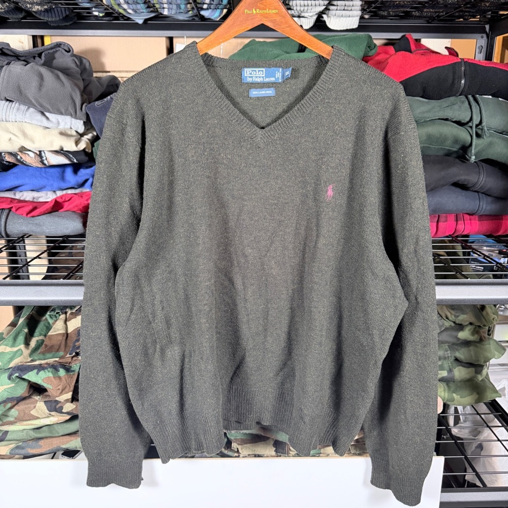 Polo Ralph‎ Lauren Mens XXL V Neck Sweater Olive Green 100% Lambs Wool Logo